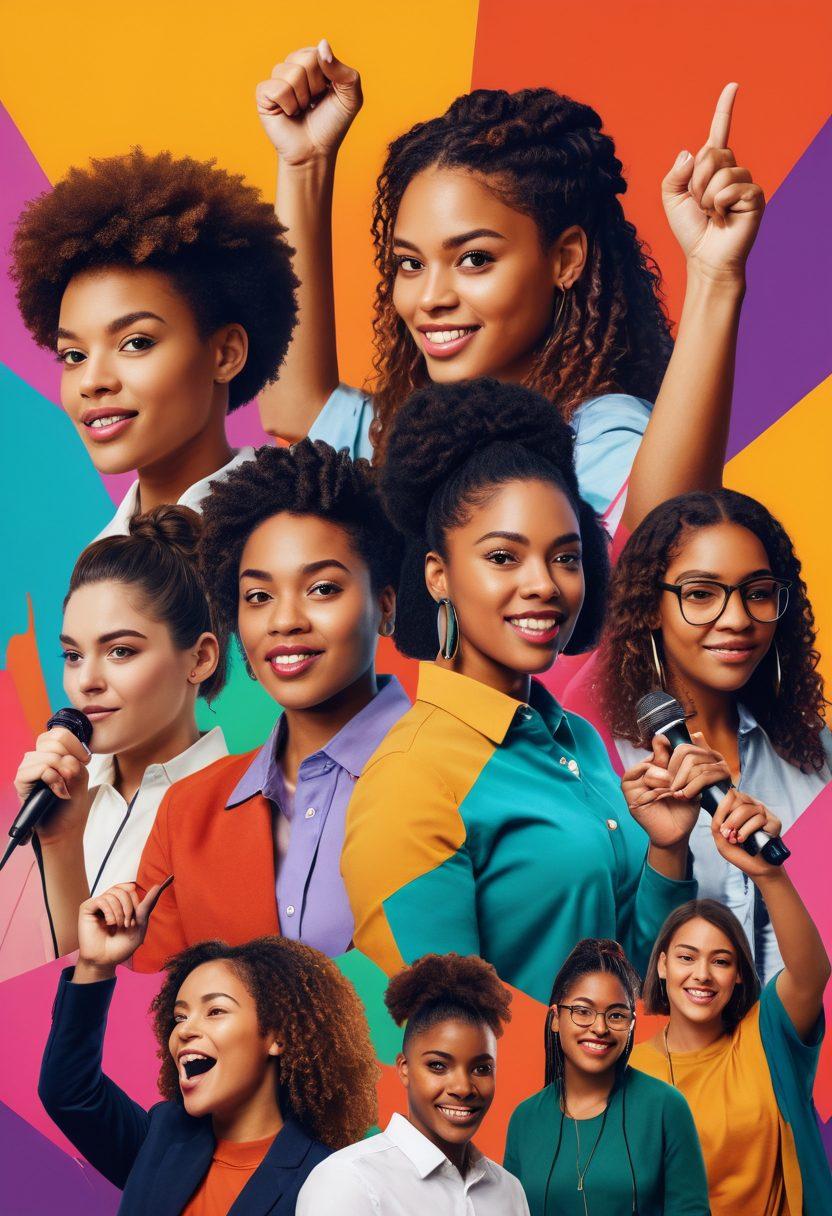 A vibrant collage featuring diverse young leaders from different backgrounds engaged in discussions, holding microphones, and showcasing their unique talents. Include symbols of empowerment like raised fists and open books, with an energetic atmosphere that radiates inspiration and collaboration. The background should be filled with colorful abstract shapes to symbolize growth and dynamism. super-realistic. vibrant colors. soft-focus background.