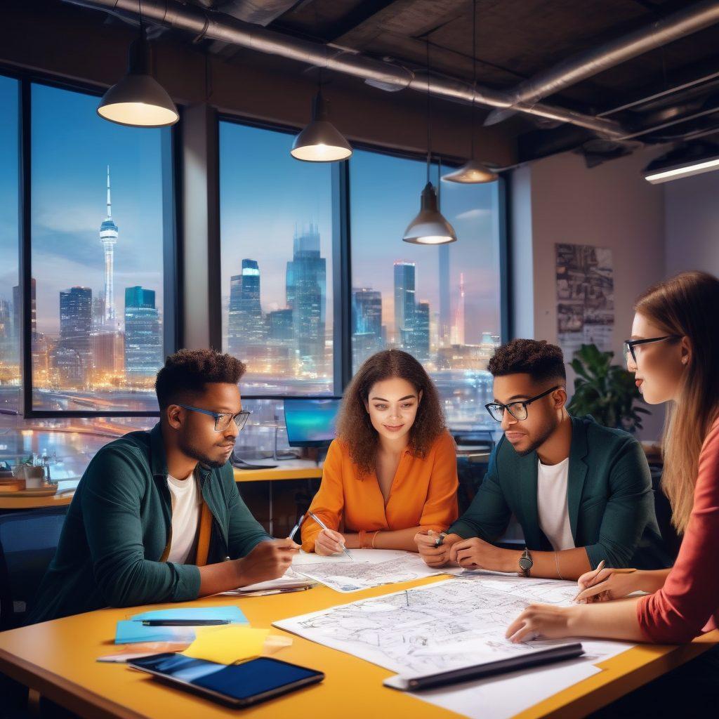 A diverse group of young innovators brainstorming in a modern co-working space, surrounded by sketches, gadgets, and futuristic technology. They are depicted with an aura of creativity and collaboration, embodying energy and enthusiasm. Include a vibrant city skyline in the background, symbolizing limitless opportunities. Incorporate bright colors to evoke a sense of optimism and potential. super-realistic. vibrant colors. dynamic composition.