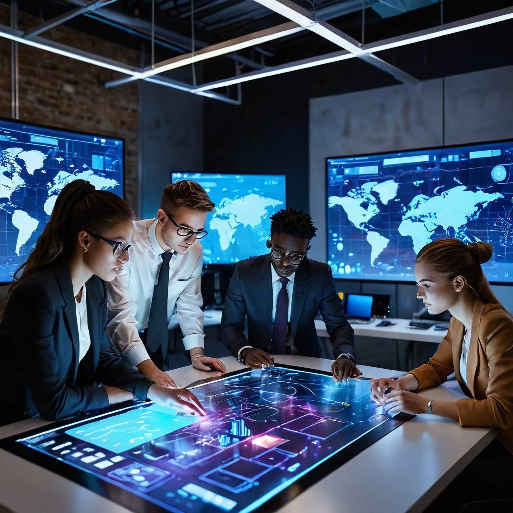 A dynamic scene showcasing a diverse group of young innovators collaborating on futuristic technology. The setting features a bright, modern workspace filled with holographic interfaces and colorful gadgets. Each innovator is portrayed with unique traits, exuding enthusiasm and creativity. Surrounding them are elements like blueprints, renewable energy symbols, and digital screens highlighting their ideas. The atmosphere is lively, inspiring, and filled with the potential of the future. vibrant colors. super-realistic.